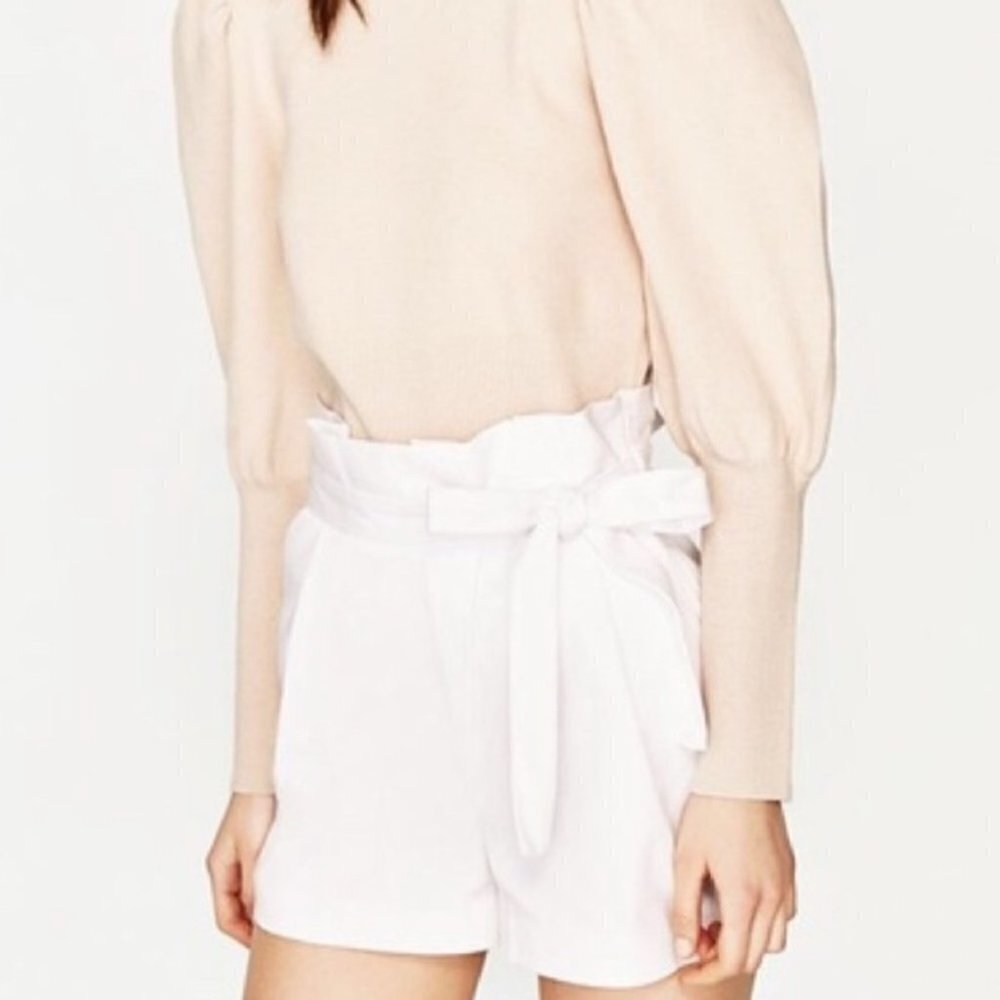 Zara Paperbag Waist High Waist White Shorts